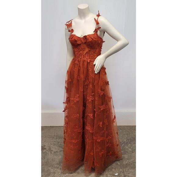 NWT Burnt Orange Butterfly Dress Corset Formal Prom Wedding Bridesmaid - Picture 1 of 11